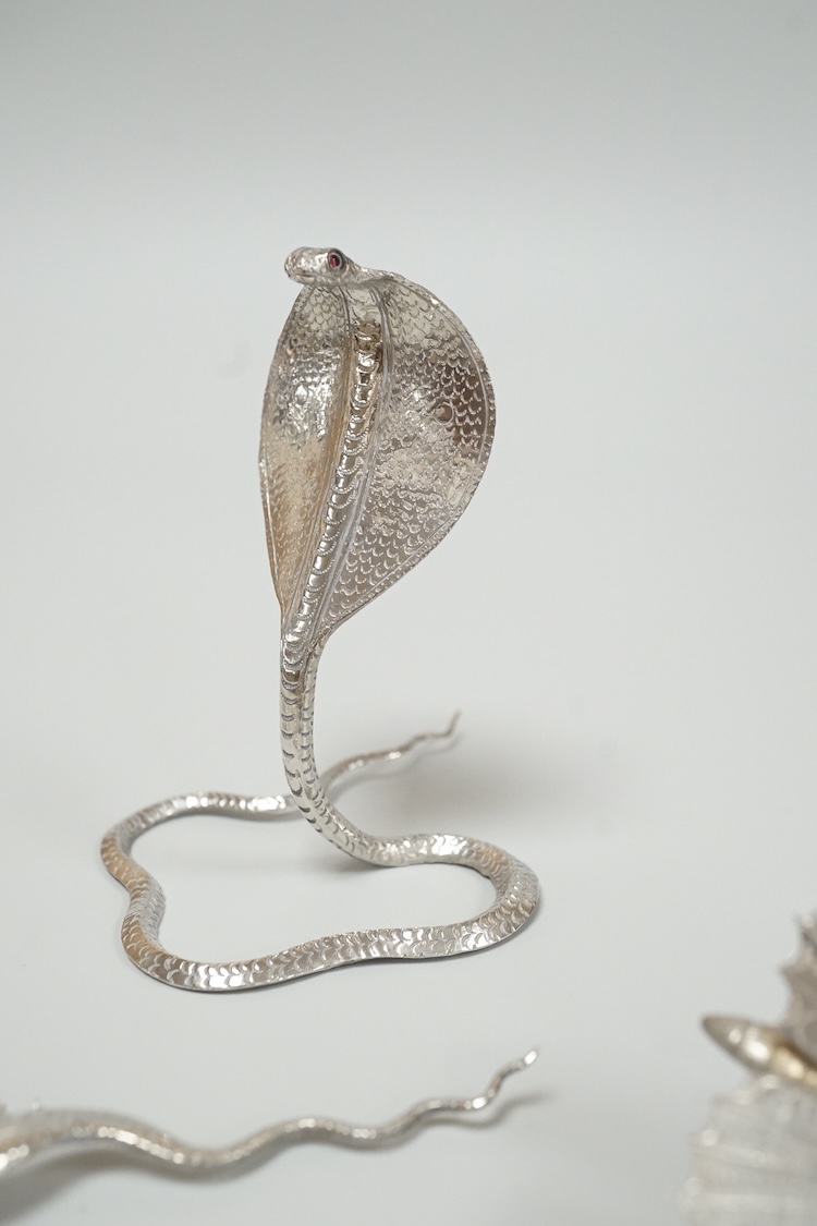 A group of nine assorted Indian white metal miniature model insects and reptiles, etc. including a King Cobra, scorpion, lizards, turtle, butterfly and crab etc.